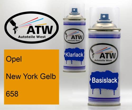 Opel, New York Gelb, 658: 400ml Sprühdose + 400ml Klarlack - Set, von ATW Autoteile West.